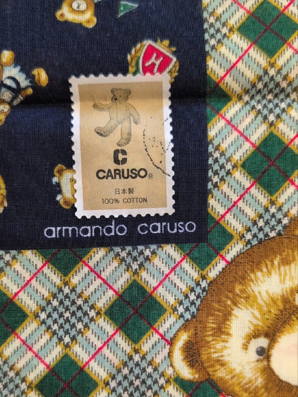 NWT Vintage Armando Caruso Teddy Bear Plaid Cotton Handkerchief